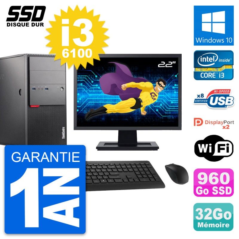PC Tour Lenovo M900 Ecran 22" Intel i3-6100 RAM 32Go SSD 960Go Windows 10 Wifi