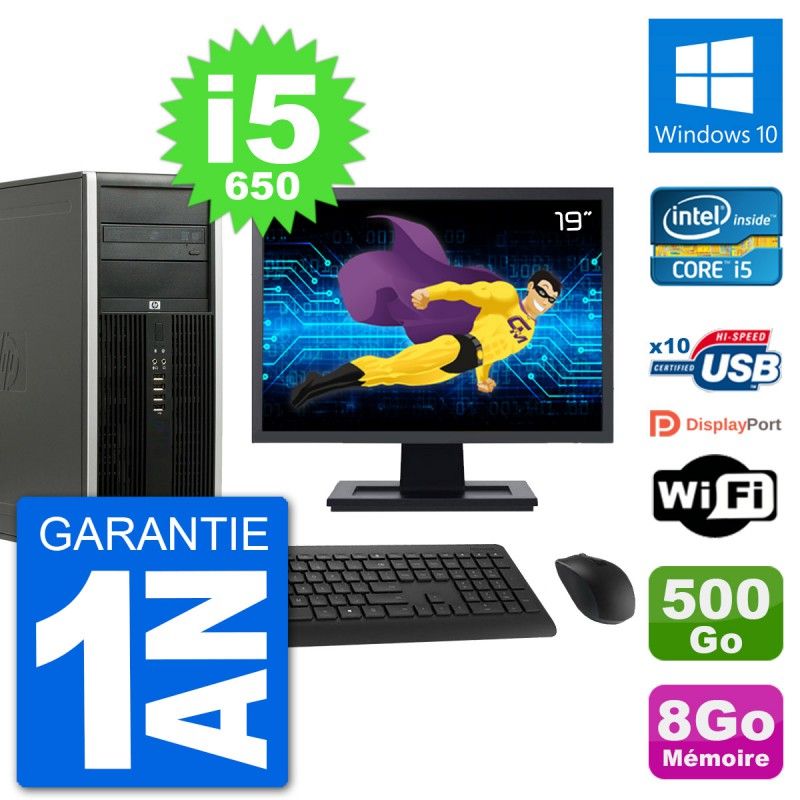 PC Tour HP 8100 Elite Ecran 19" Core i5-650 RAM 8Go Disque 500Go Windows 10 Wifi