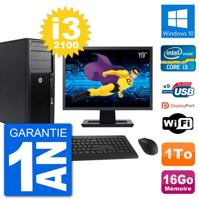 PC Tour HP Z210 Ecran 19" Intel i3-2100 RAM 16Go Disque Dur 1To Windows 10 Wifi