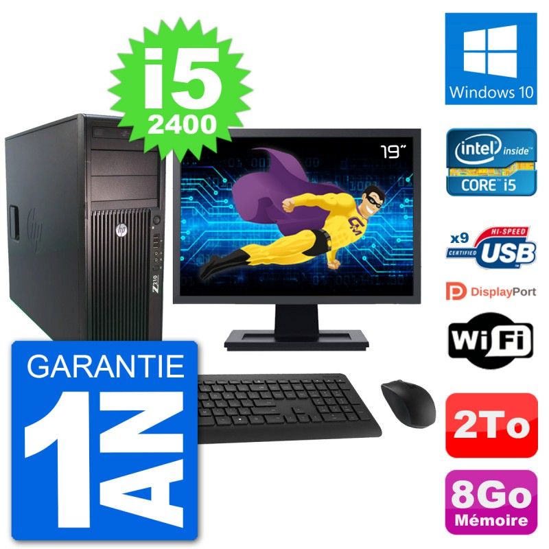 PC Tour HP Z210 Ecran 19" Intel i5-2400 RAM 8Go Disque Dur 2To Windows 10 Wifi
