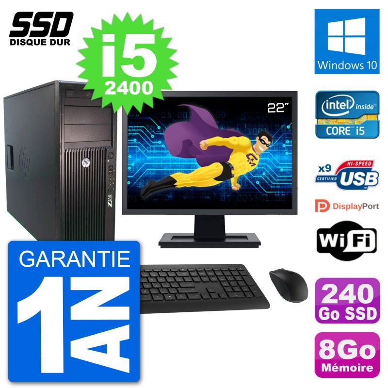 PC Tour HP Z210 Ecran 22" Intel i5-2400 RAM 8Go SSD 240Go Windows 10 Wifi