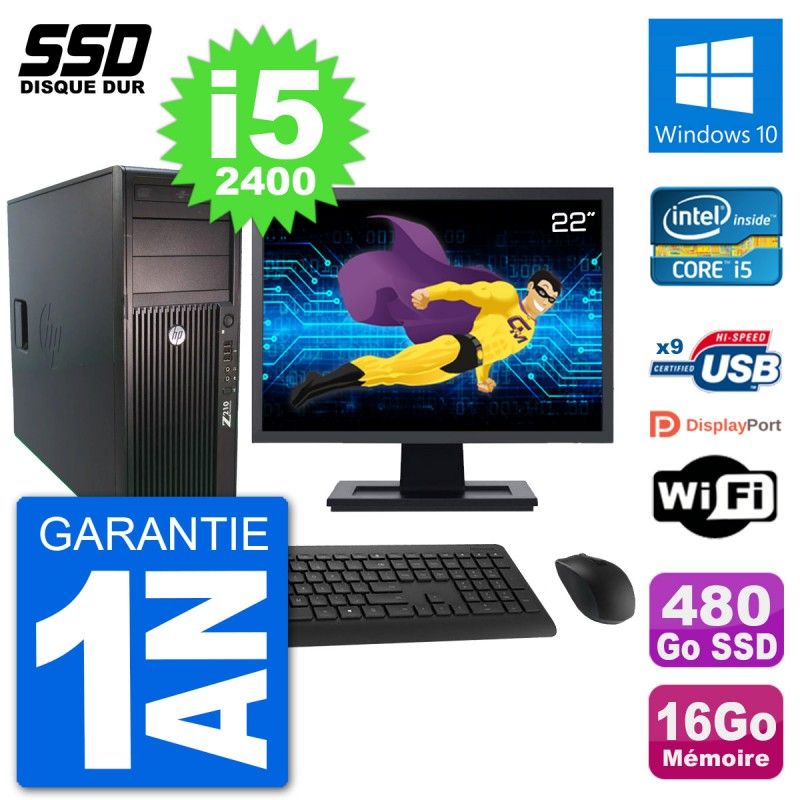 PC Tour HP Z210 Ecran 22" Intel i5-2400 RAM 16Go SSD 480Go Windows 10 Wifi