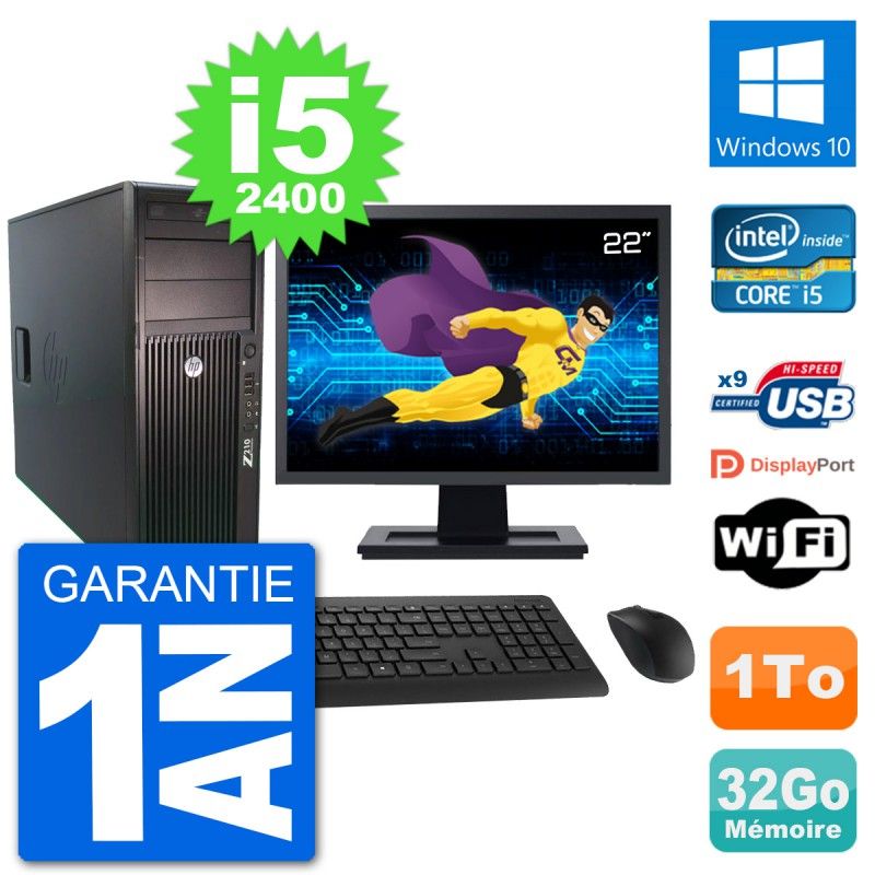 PC Tour HP Z210 Ecran 22" Intel i5-2400 RAM 32Go Disque Dur 1To Windows 10 Wifi