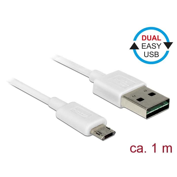 Delock EASY-USB - Câble USB - Micro-USB de type B (M) pour USB (M) - USB 2.0 - 1 m - connecteur A réversible, connecteur B micro réversible - blanc