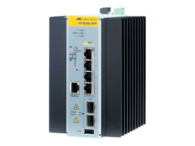 Allied Telesis AT IE200-6FP - Commutateur - Géré - 4 x 10/100 (PoE+) + 2 x Gigabit SFP - Montage sur rail DIN, fixation murale - PoE+ - Tension CC