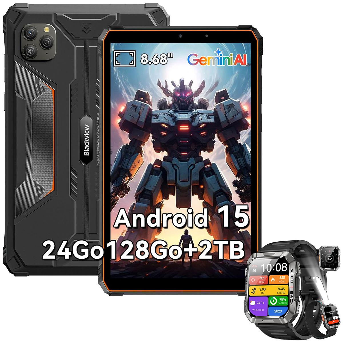 Tablette Blackview Active 5 2025 Nouveau IA Modèles 8.68" 90 Hz, Android 15, 24+128Go/SD 2 To, 6600 mAh Orange Avec Montre W60