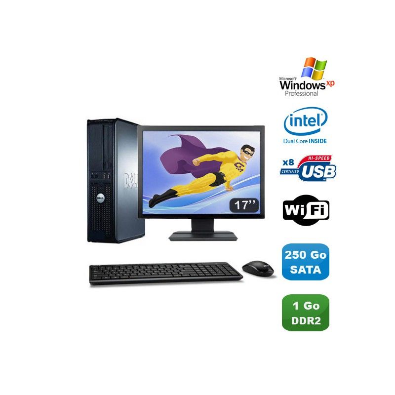 Lot PC DELL Optiplex 760 DT Intel E5200 2,5Ghz 1Go DDR2 250Go WIFI XP Pro + 17