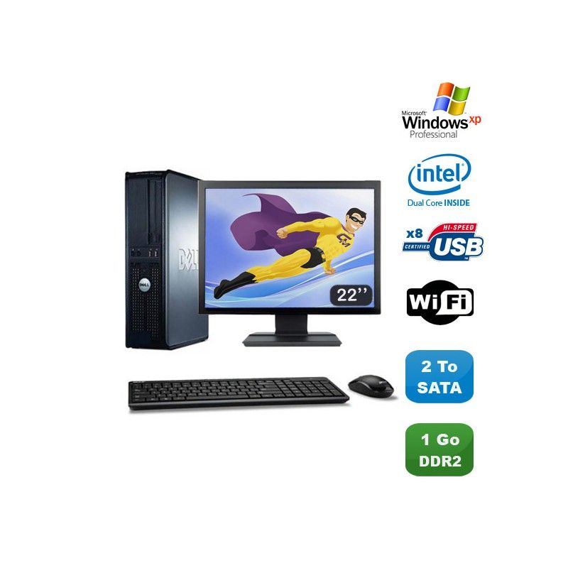 Lot PC DELL Optiplex 760 DT Intel E5200 2,5Ghz 1Go DDR2 2To WIFI XP Pro + 22
