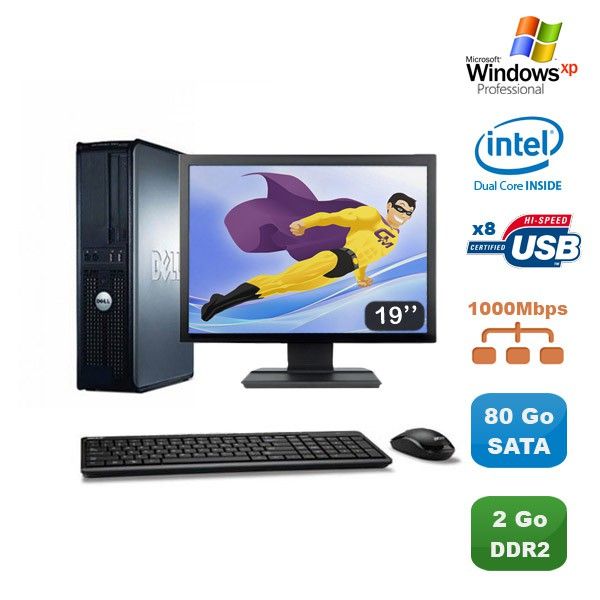 Lot PC DELL Optiplex 760 DT Dual Core E5200 2,5Ghz 2Go 80Go XP Pro + Ecran 19