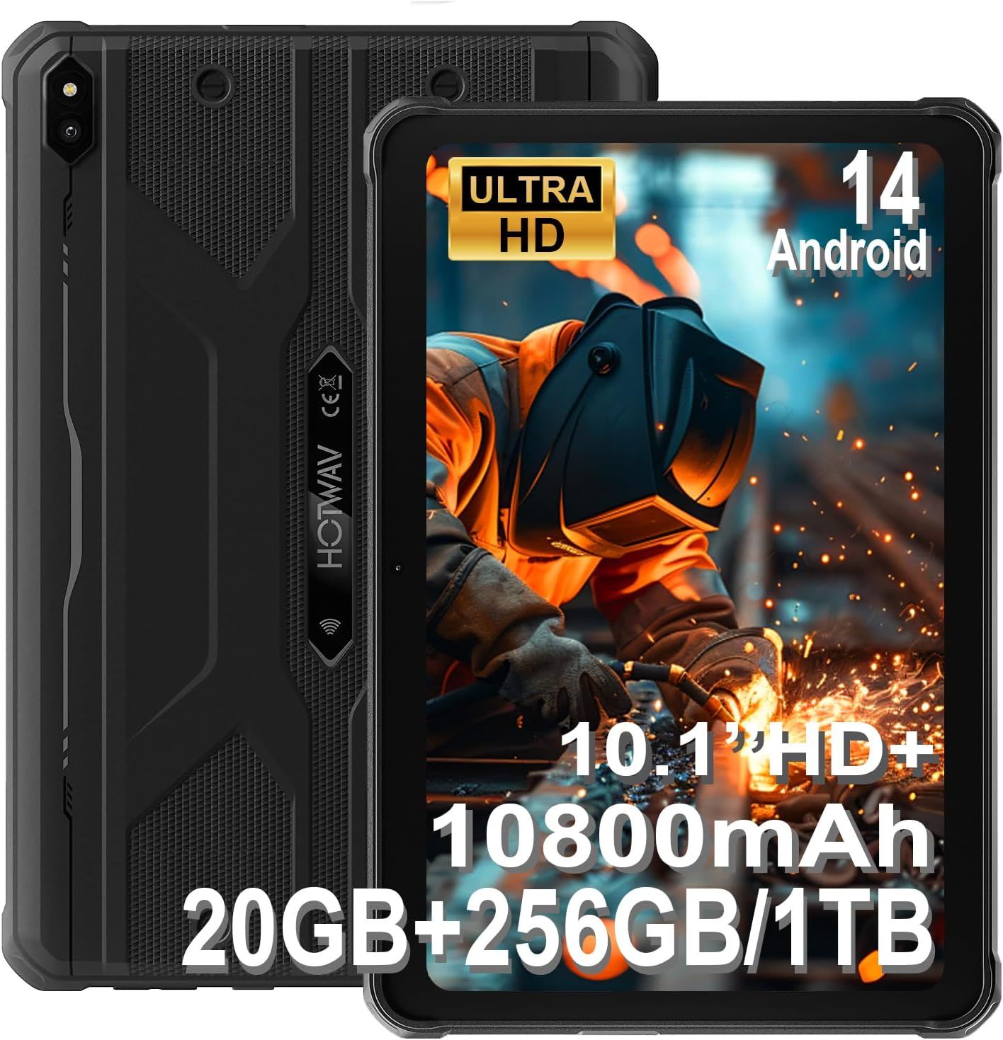 HOTWAV R10 Pro Tablette Incassable 2025-20Go + 256Go/TF 1To Android 14 Tablette, 10080mAh Battery, ¿¿cran 10.1"" HD+ Tablette Tactile, 13MP+5MP, Octa Core, Dual SIM 4G, Face ID, IP68&IP69K, GPS, OTG