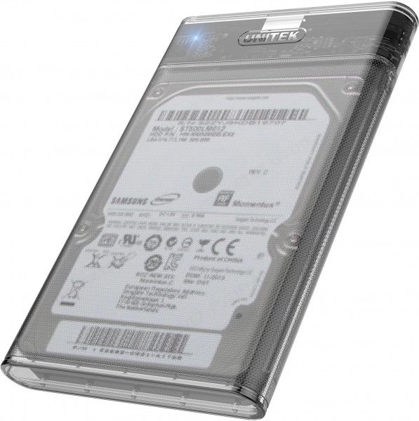 Boîtier de disque dur UNITEK HDD HDD SATA I/II/III HDD externe avec câble 3.0 intégré, montage sans outil, transparent