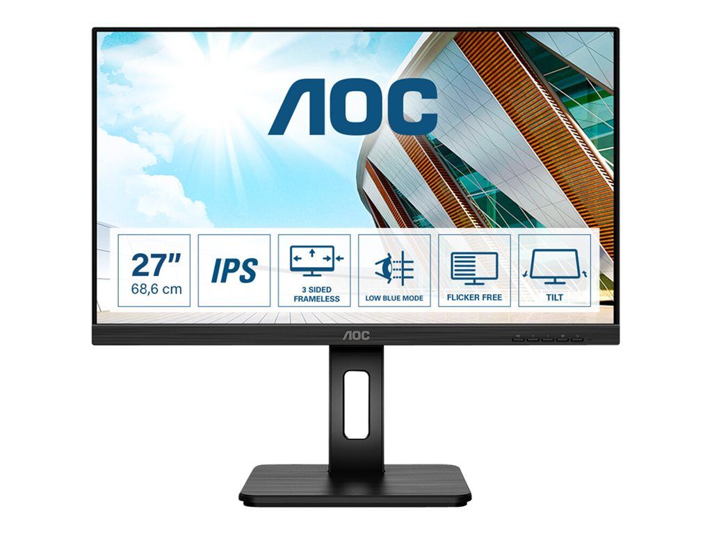 AOC Q27P2Q - Écran LED - 27" - 2560 x 1440 QHD @ 75 Hz - IPS - 300 cd/m² - 1000:1 - 4 ms - HDMI, VGA, DisplayPort - haut-parleurs - noir