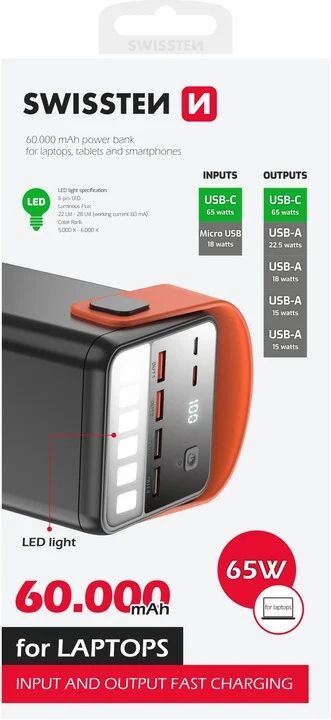 Swissten 22013943 Banque D'alimentation Électrique Lithium Polymère (Lipo) 60000 Mah Noir