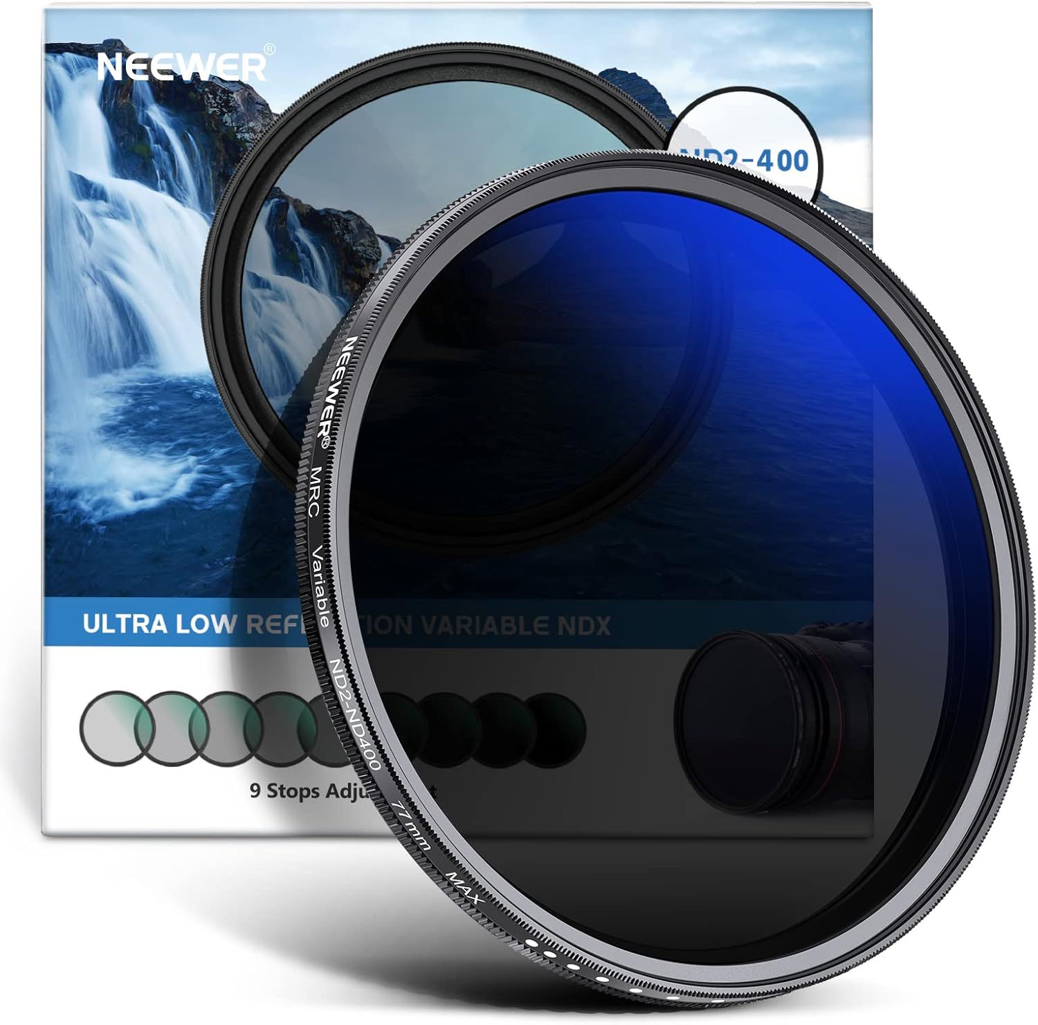NEEWER ND2-ND400 Filtre ND Variable 77 mm (1 à 9 arrêts) avec revêtement Multicouche, imperméable, résistant aux Rayures, Ultra Fin et Variable, Filtre Gris