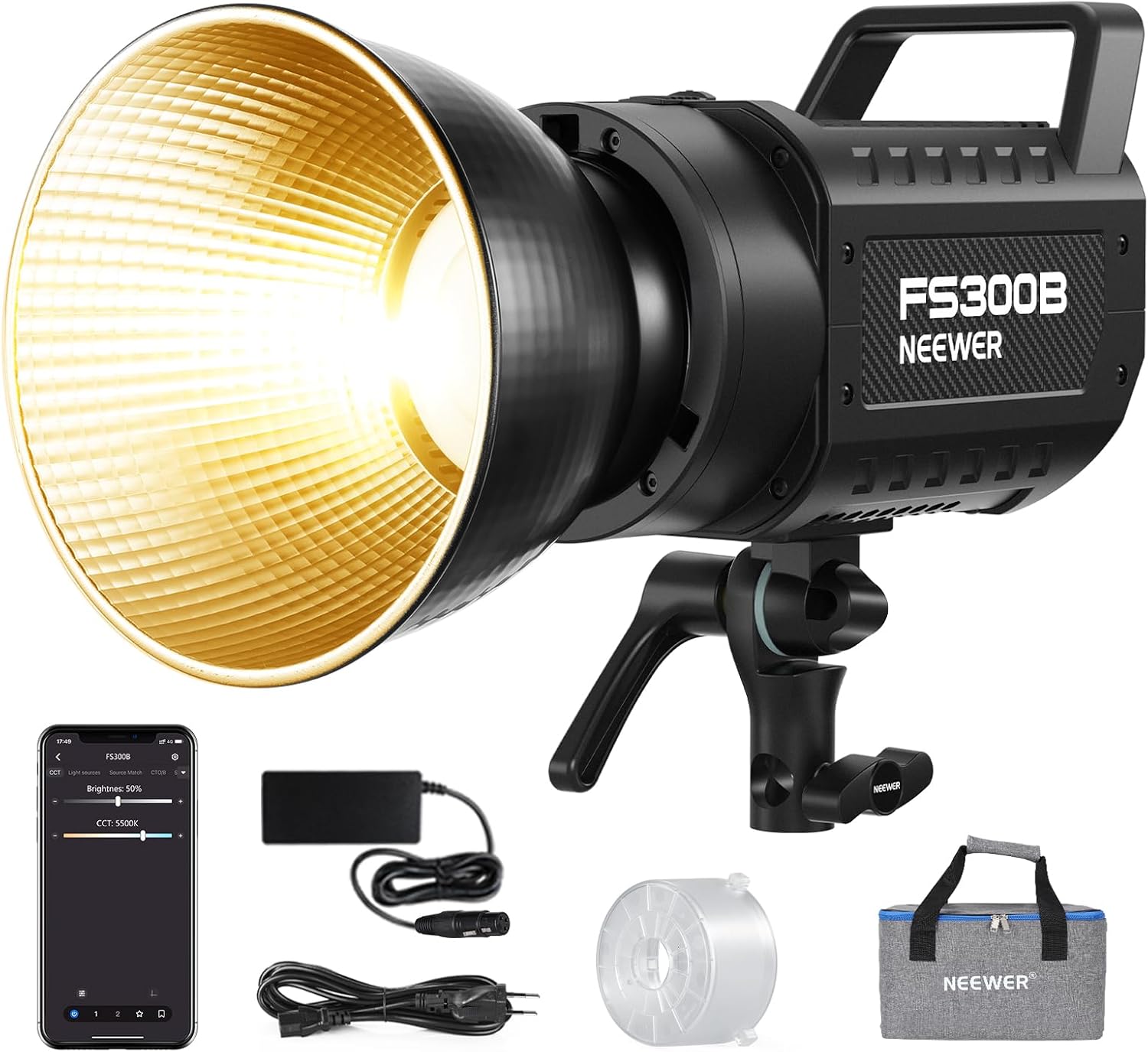 NEEWER FS300B 300W LED Studio Lampe vidéo,Bicolore COB Éclairage Continu avec Contrôle 2.4G/APP 44500Lux/1m 2700K-6500K CRI97+,12 Scènes,Monture Bowens Spotlight pour Photographie Streaming