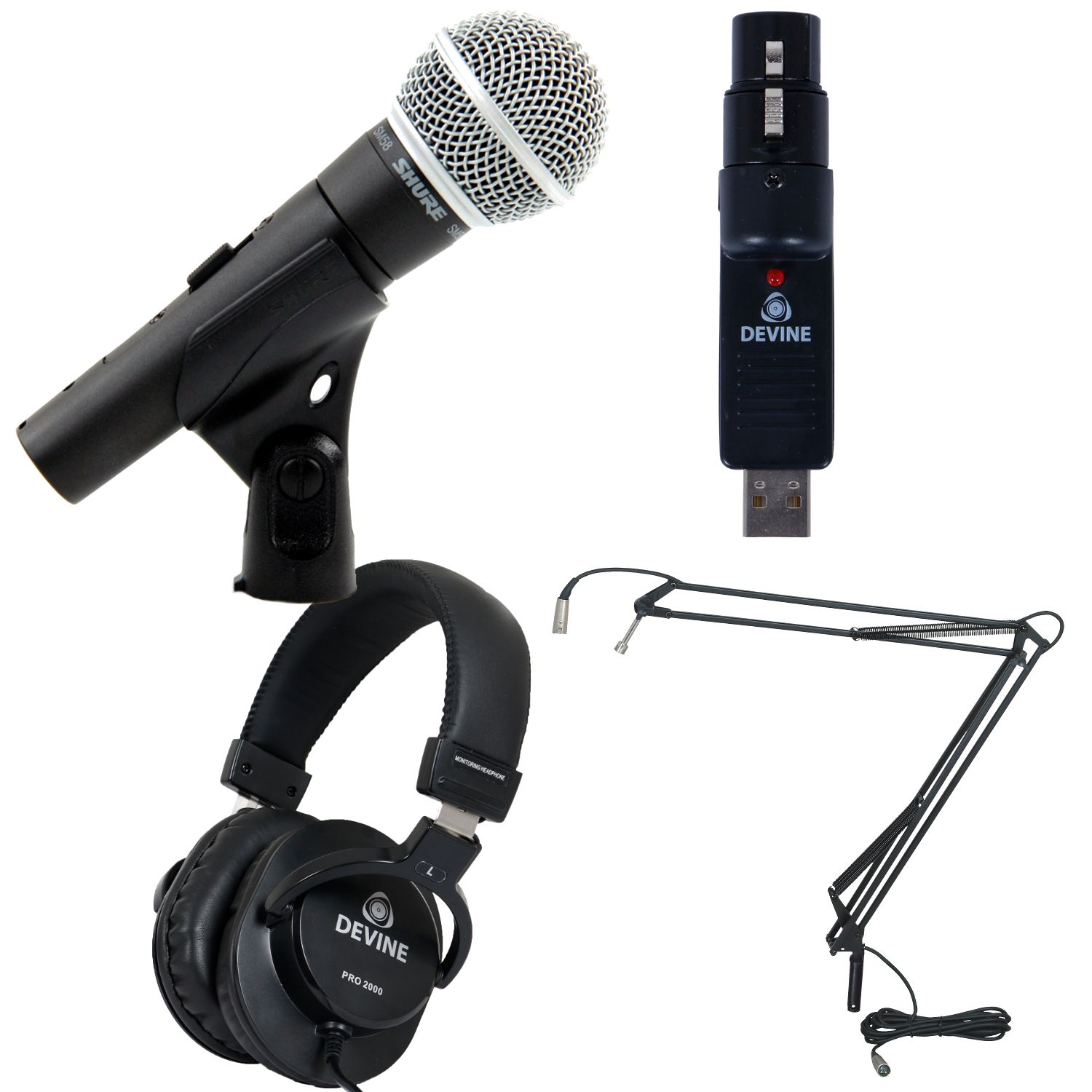 Shure SM58 SE avec convertisseur USB, casque et bras de type broadcast