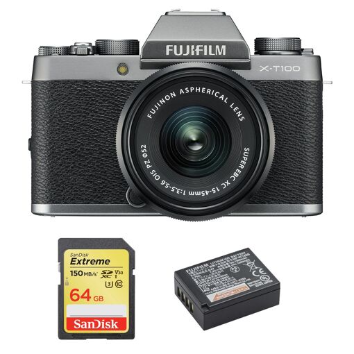 Cámara híbrida Fujifilm X-T100 de 24,2 MP con lente XC 15-45 mm, plata + tarjeta SD de 64 GB + batería
