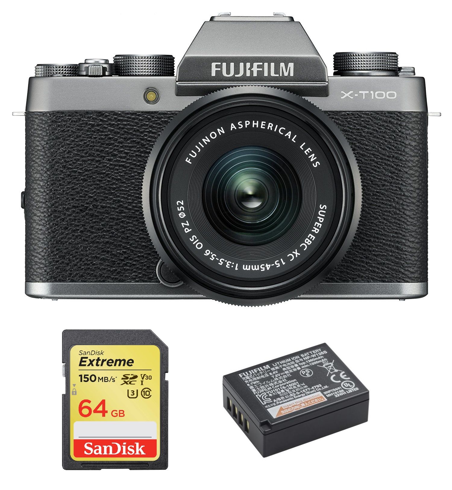 Fujifilm X-T100 hybride 24.2 mpix with XC 15-45mm Lens Kit SILVER + 64GB SD card + NP-W126S Battery
