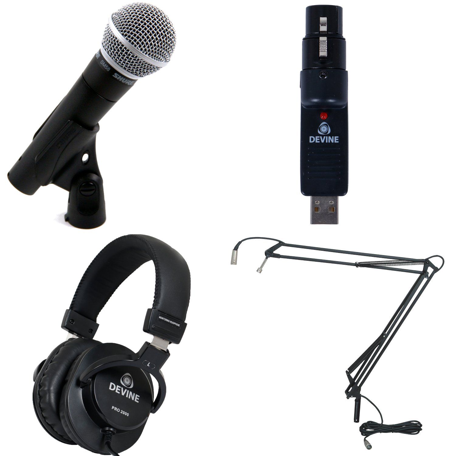 Shure SM58 LCE avec convertisseur USB, casque et bras de type broadcast