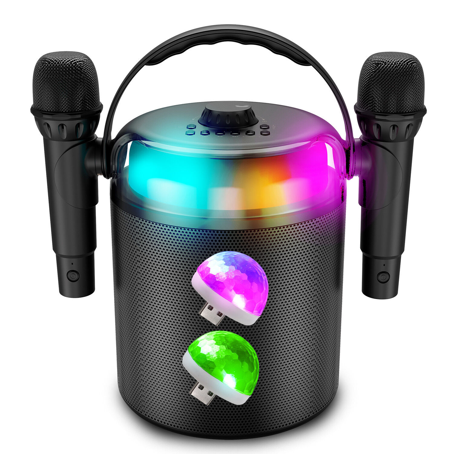 Enceinte PLAYKARAOKE 120W LED RVB, Bluetooth USB, 2 Micros sans fil, Effets Vocaux, Compatible TV Connectée, 2 Mini Lumières LED