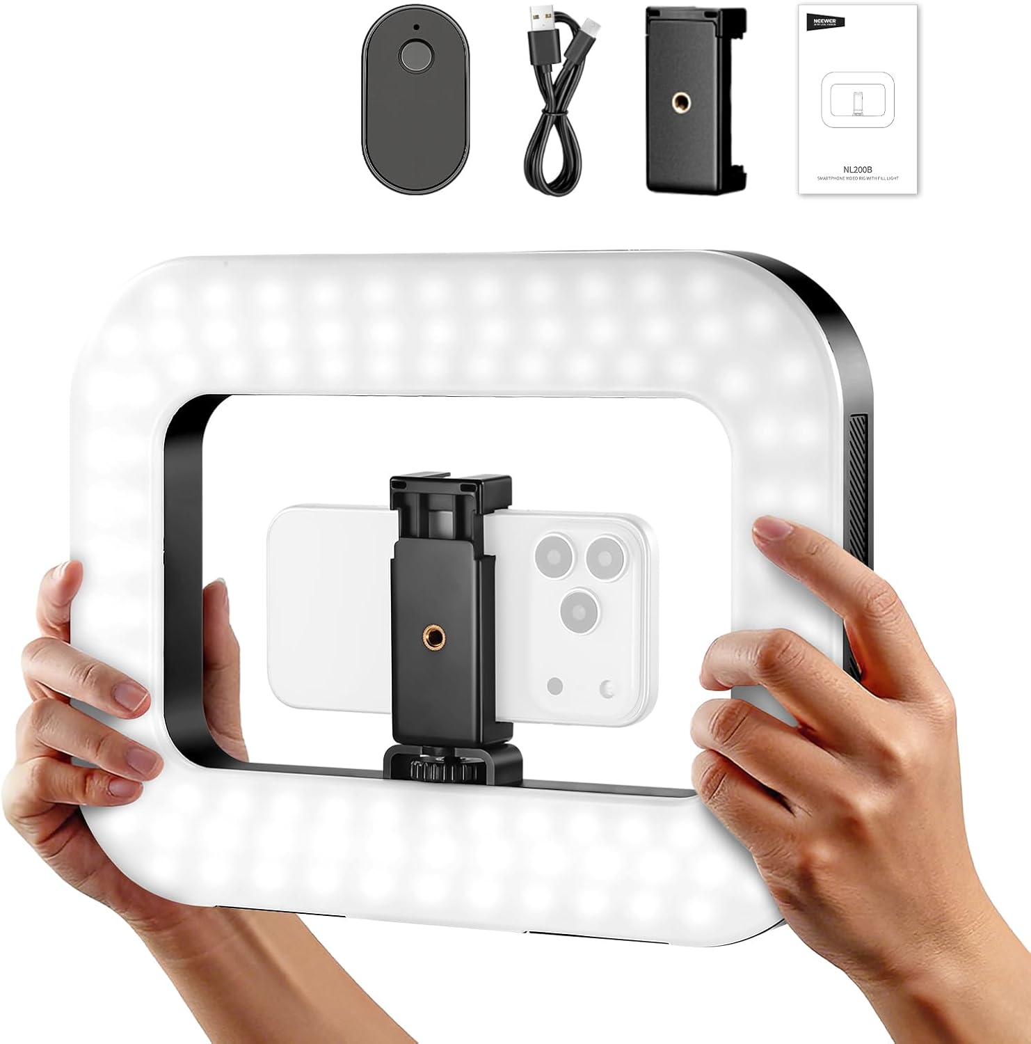 NEEWER ENTRY LEVEL VERSION Système Stabilisation Vidéo Phone avec éclairage/Remote,Stabilisateur Portatif, Ring Light LED Bicolore Carré 20W,5200mAh,3 Sabot Froid,CRI 80+,pour Selfie,Streaming(NL200B)