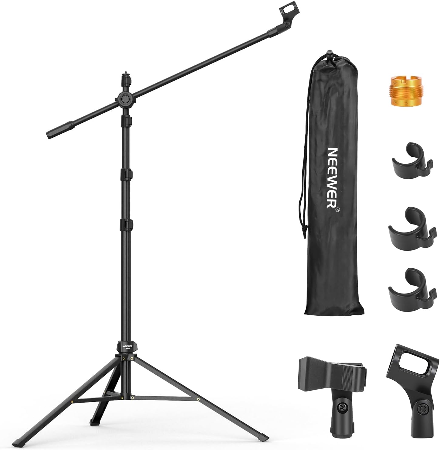 NEEWER Pied de Micro sur Pied,Trépied avec Bras Articulé,Support et Boom Arm Réglable Robuste,2 Pinces de Fixation pour Microphone,3 Clips pour Câble,Sac de Transport,Adaptateur 3/8"" vers 5/8"",MS046