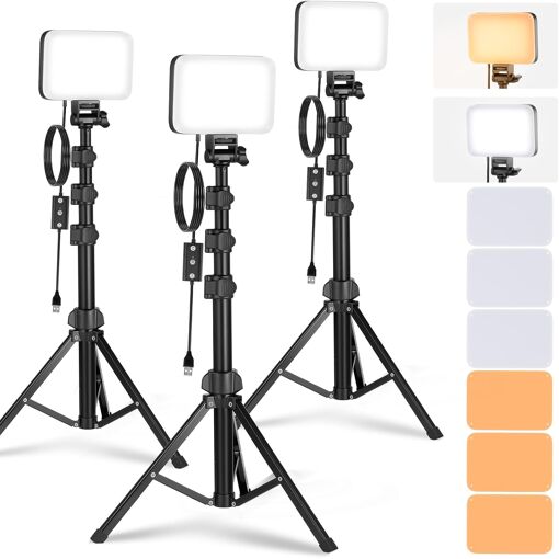 Kit de iluminación LED básico Neewer, 3 paneles de luz bicolor ajustables con trípode y filtros, 3200K-5600K IRC 95 750 lux para fotografía/vídeos en vivo