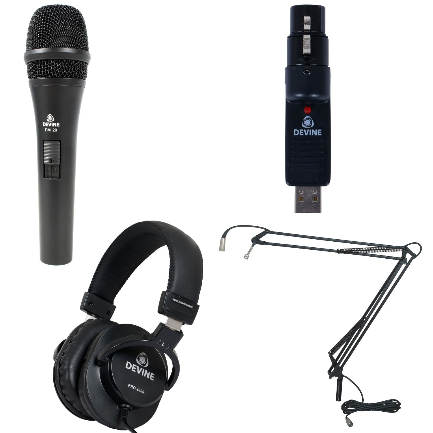 Devine DM 20 avec convertisseur USB, casque et bras de type broadcast