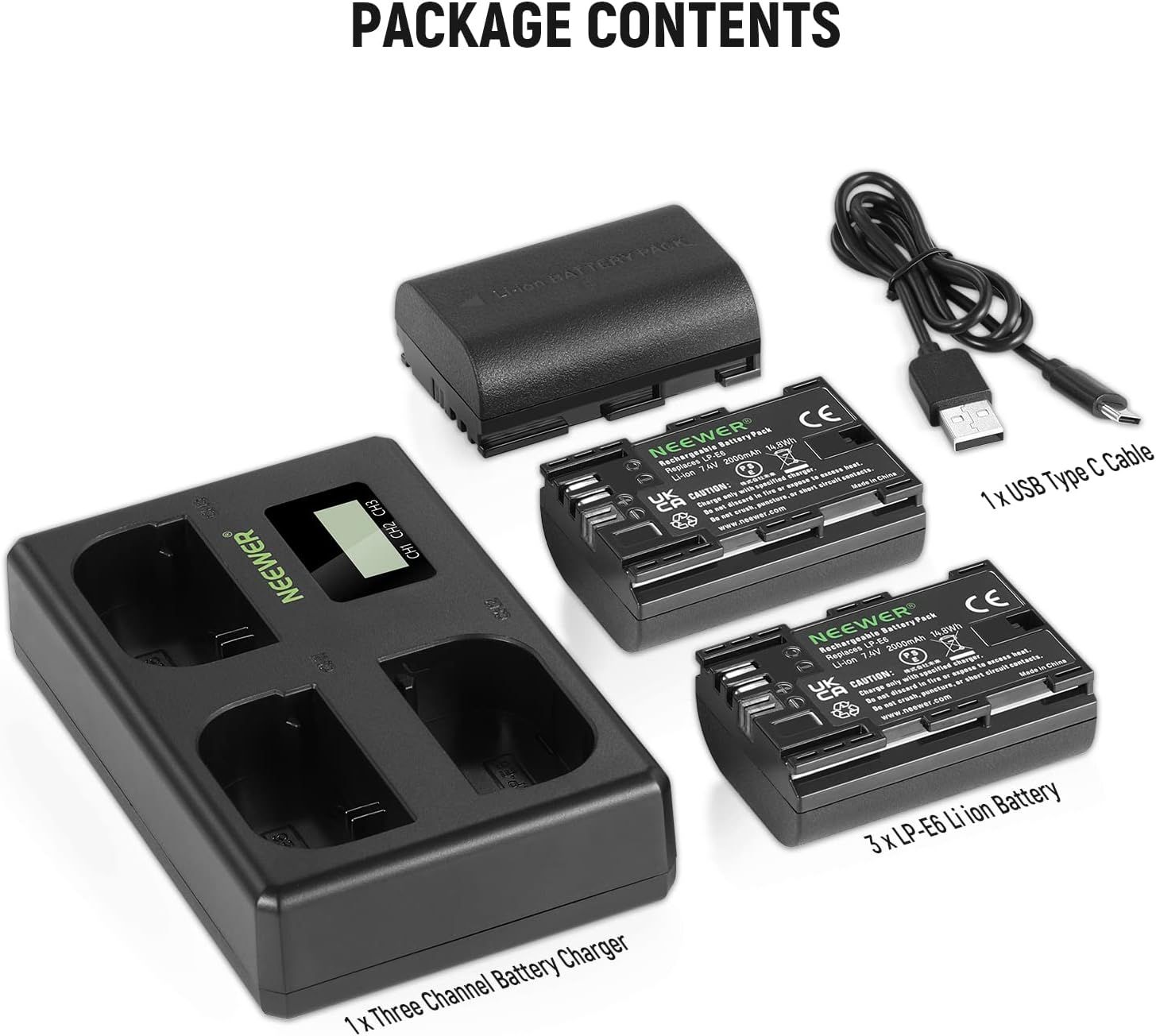 NEEWER LP-E6 Lot de 3 Batteries de Rechange et Chargeur 2000 mAh pour Batterie LP-E6 et Triple Chargeur USB Compatible avec Canon EOS 5D Mark II Mark III Mark IV 5D SR 60D 60Da 6D 70D 7D