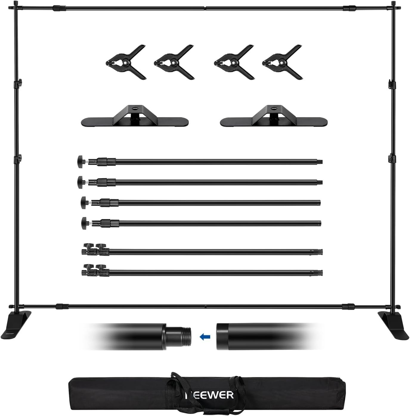 NEEWER Support de toile de fond robuste avec bases élargies, support de fond de 3 x 2,4 m avec 4 barres transversales, 2 poteaux télescopiques, 4 clips à ressort et sac de transport pour séance photo
