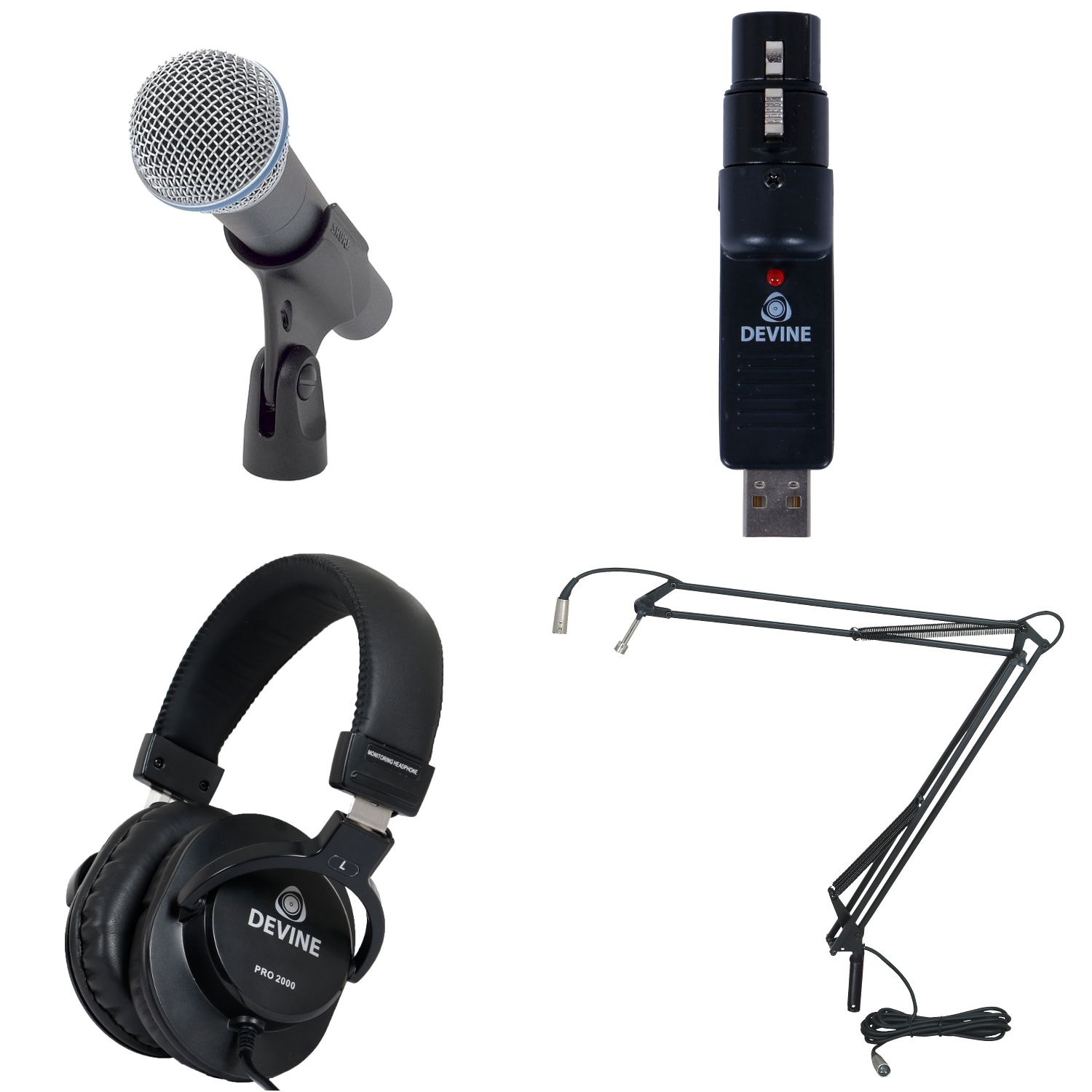 Shure Beta 58a avec convertisseur USB, casque et bras de type broadcast