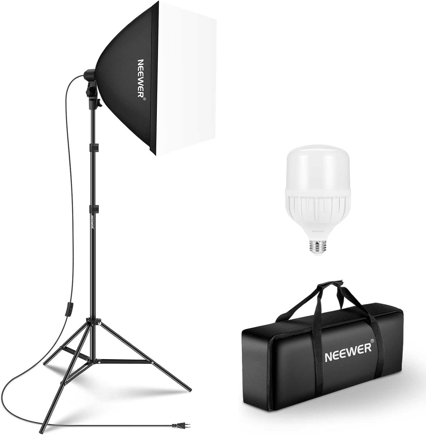 NEEWER Kit d'éclairage Softbox équivalent 350W, Ampoule LED 5700K, Boîte à Lumière 24 x 24 Pouces avec Douille E26, Kit d'éclairage Continu pour Photographie, équipement de Studio Photo, NK300