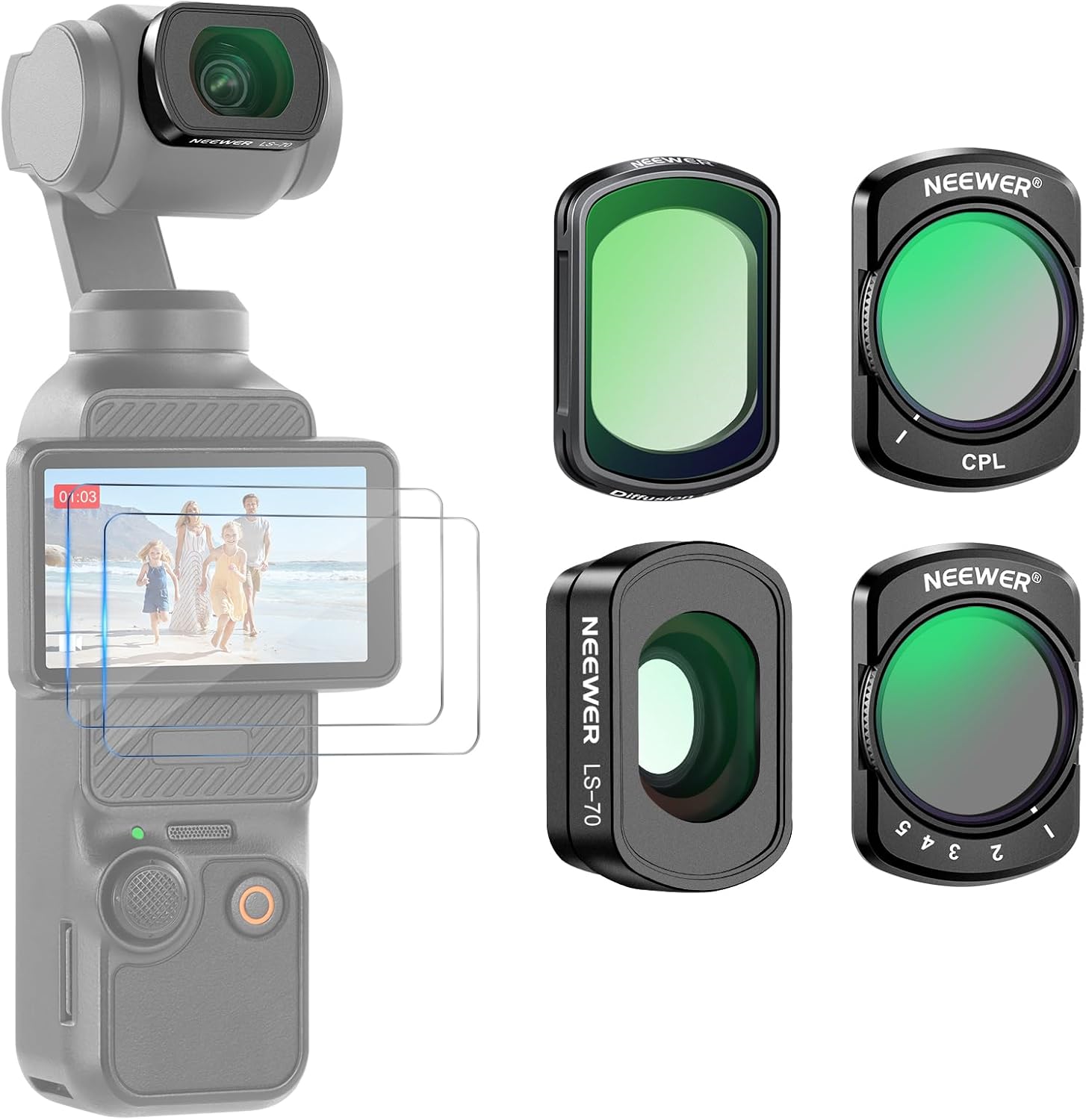 NEEWER Filtres ND Magnétiques Compatibles avec DJI Osmo Pocket 3 Creator Combo, Diffusion Variable ND2-32 Noire, Objectif Grand Angle 1/4 CPL 0,72x, Verre Optique HD + 2 Films Protecteurs d'écran