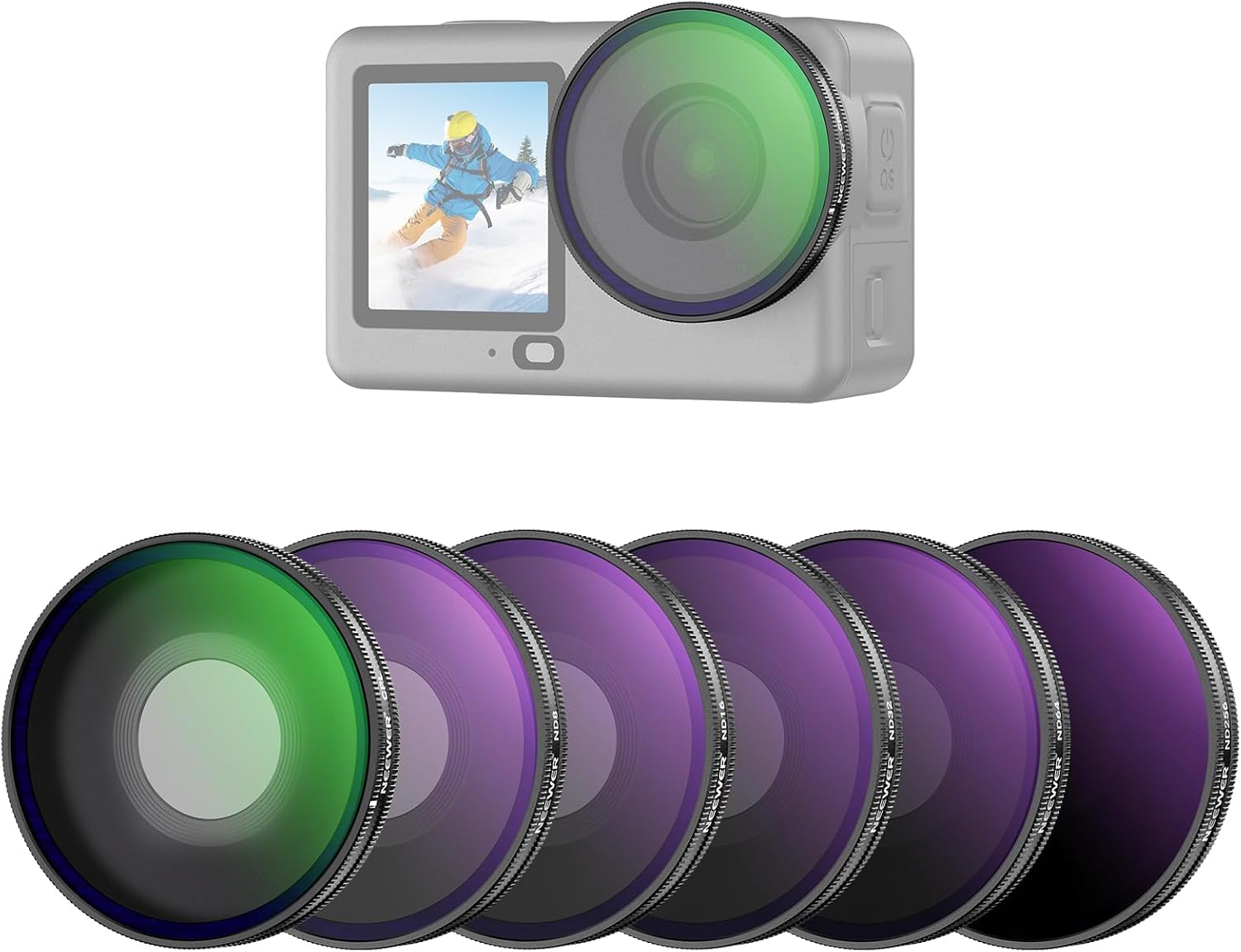 NEEWER CPL + ND Kit de Filtres Compatible Uniquement avec DJI Osmo Action 6,Filtre Polarisant Circulaire Réglable ND8/16/32/64/256,Polariseur Objectif à Visser,Multicouche,pour Caméra d'Action,FL-B109