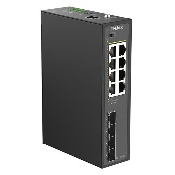 D-Link DIS 210G-12P - Commutateur - industriel - intelligent - 8 x 10/100/1000 (PoE+) + 4 x Gigabit SFP - Montage sur rail DIN - PoE+ (240 W)
