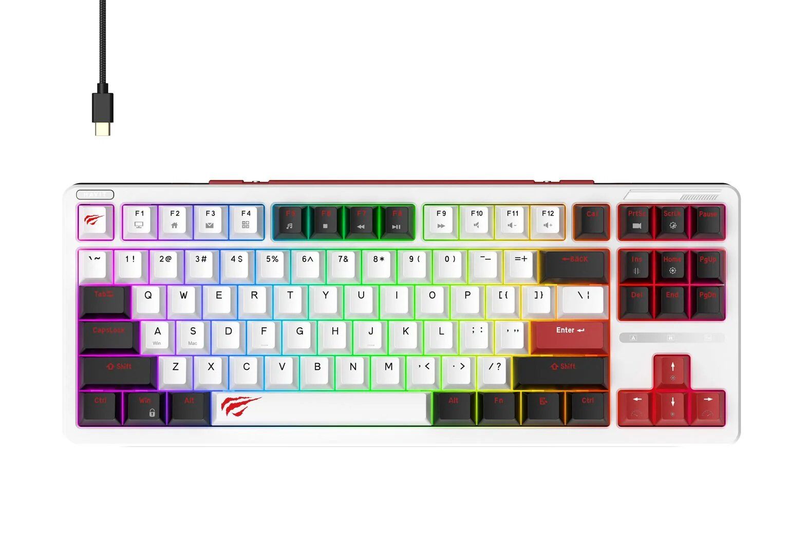 Clavier de jeu avec lumières RVB 1,8 m, 200 mA - Havit (KB902L) - Noir/Blanc/Rouge