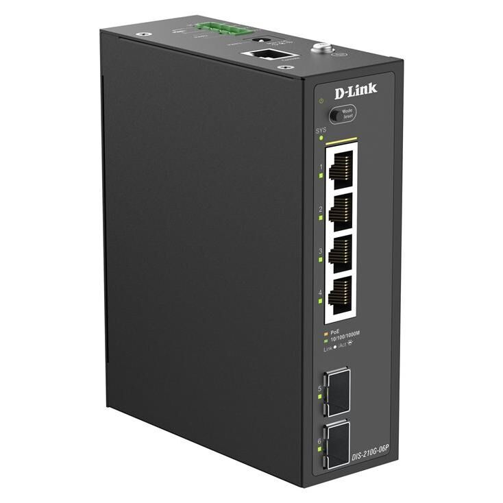 D-Link DIS 210G-06P - Commutateur - industriel - intelligent - 4 x 10/100/1000 (PoE+) + 2 x Gigabit SFP - Montage sur rail DIN - PoE+ (120 W)