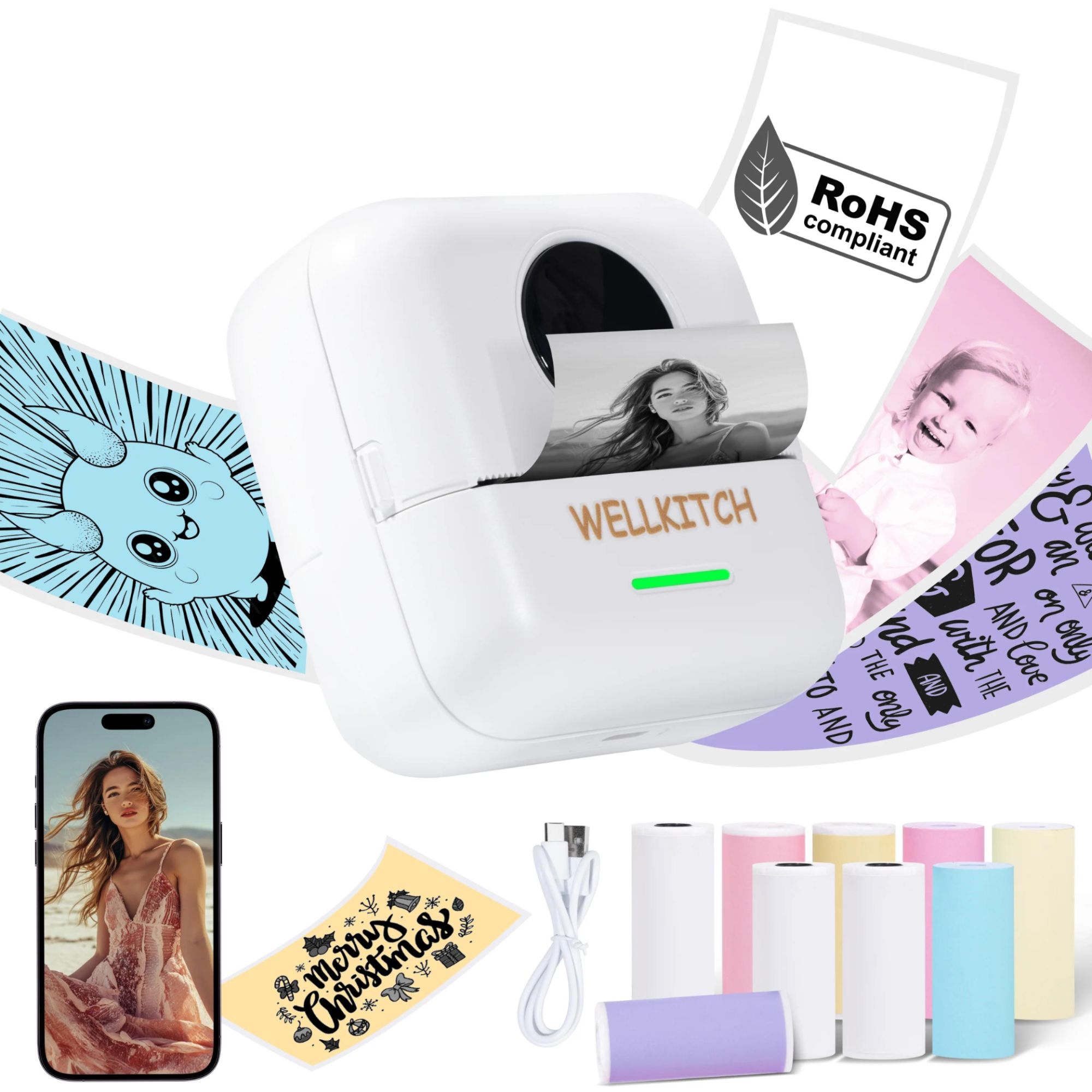 Mini imprimante thermique portable rose avec 13 rouleaux – Impression tickets, étiquettes & notes
