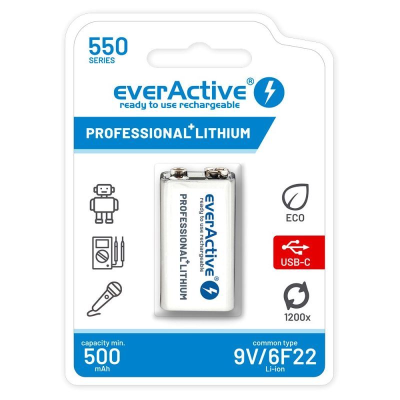 Rechargeable Battery Everactive 6f22/9v Li-ion 550 Mah With Usb Type