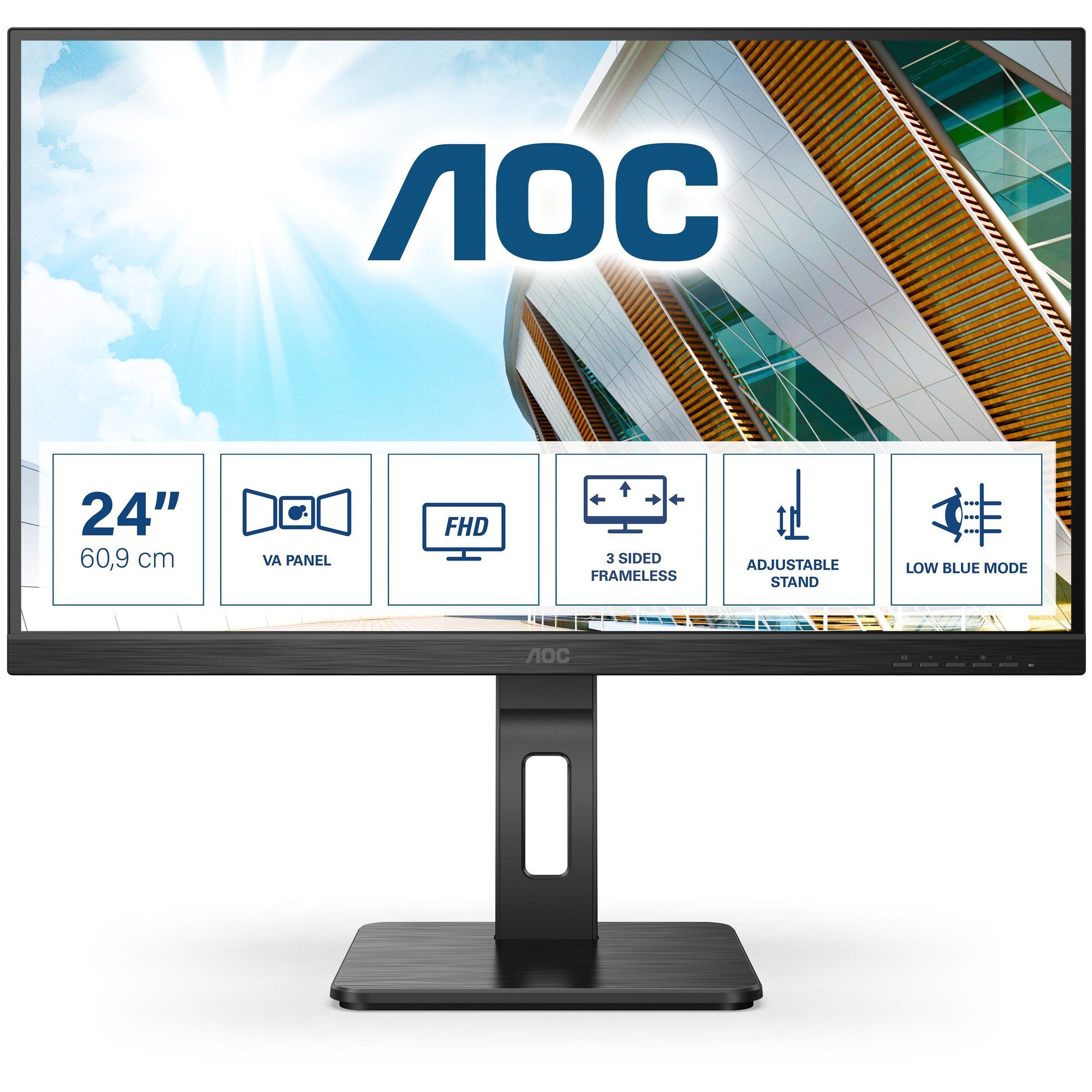 AOC Pro-line 24P2QM - P2 Series - écran LED - 24" (23.8" visualisable) - 1920 x 1080 Full HD (1080p) @ 75 Hz - VA - 300 cd/m² - 3000:1 - 4 ms - HDMI, DVI, DisplayPort, VGA - haut-parleurs - noir