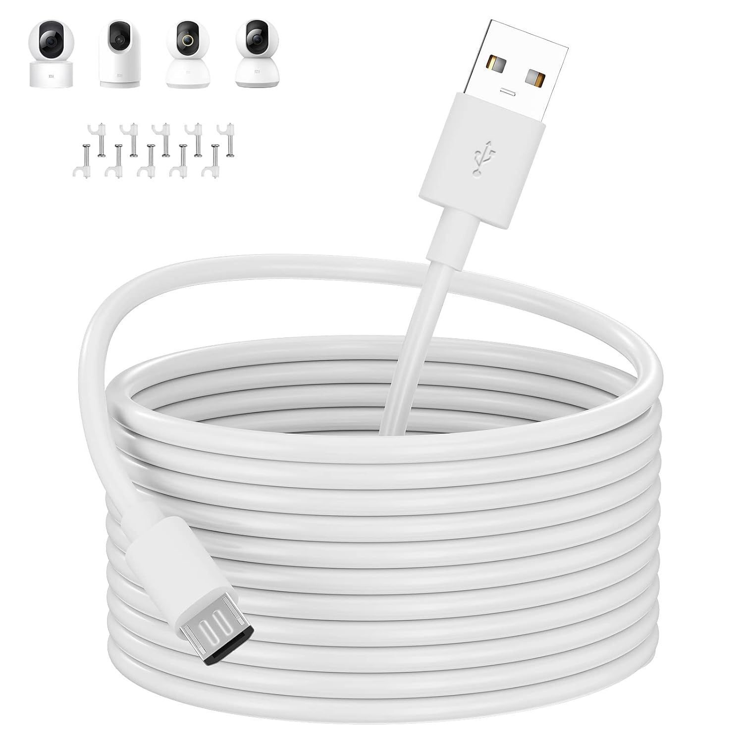 CLICKSELL-5M Câble De Charge Usb Vers Micro Usb Pour Xiaomi Camera 2K/Pro, Câbles D'Extension D'Alimentation De Caméra De Sécurité Pour Xiaomi Mi/Yi/Cloud Camera,Wyze/Nest/Arlo Q/Furbo Dog Cam,Blanch