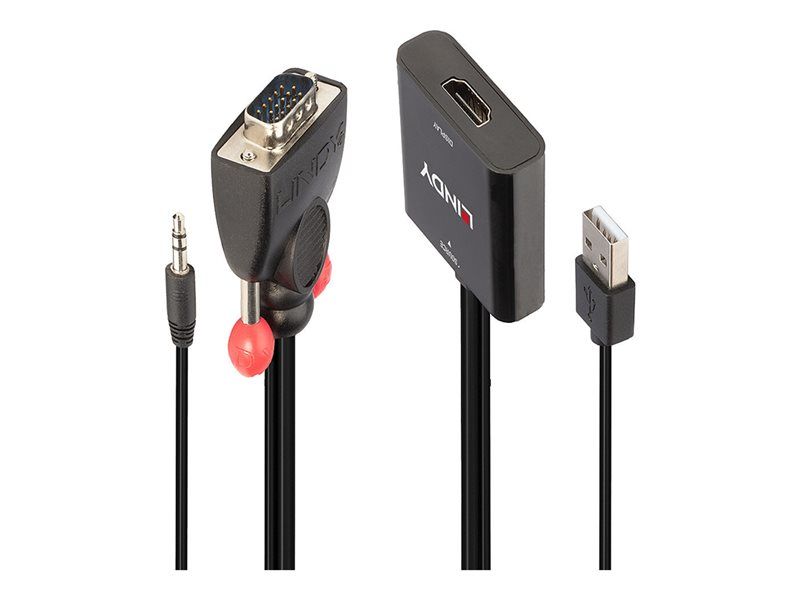 Lindy - Adaptateur vidéo - HD-15 (VGA), mini-phone stereo 3.5 mm, USB (alimentation uniquement) mâle pour jack mini, HDMI femelle - 60 cm - noir