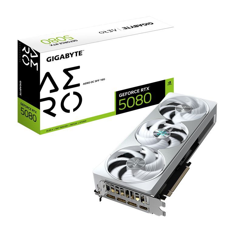 GIGABYTE GeForce RTX 5080 AERO OC SFF 16G Carte graphique - 16 Go GDDR7, 256 bits, PCI-E 5.0, 2730MHz Core Clock, 3 x DisplayPort, 1 x HDMI, GV-N5080AERO OC-16GD