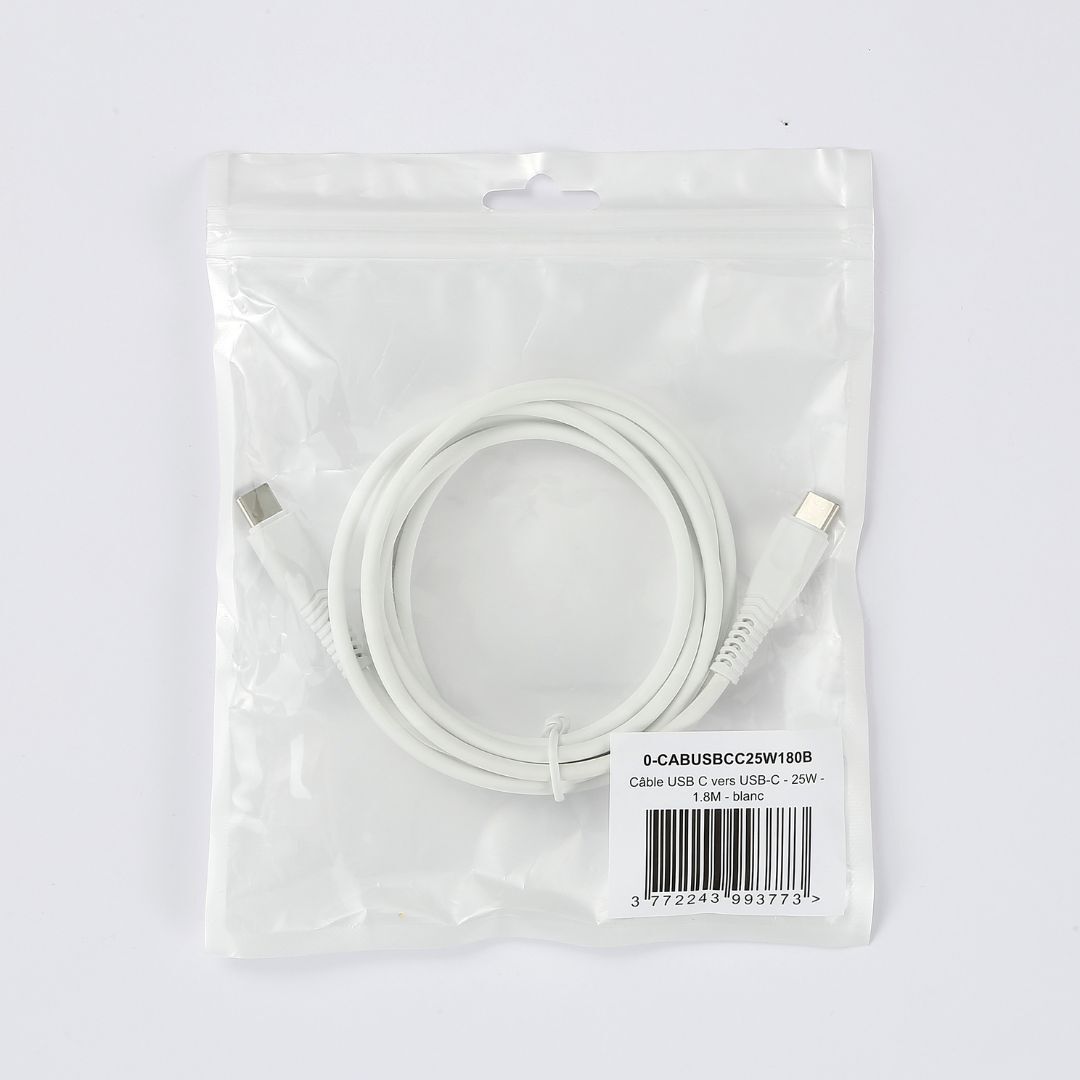 Câble USB-C/USB-C 2.0 Male/Male - 25W - Longueur 1.80M - Blanc - en sachet