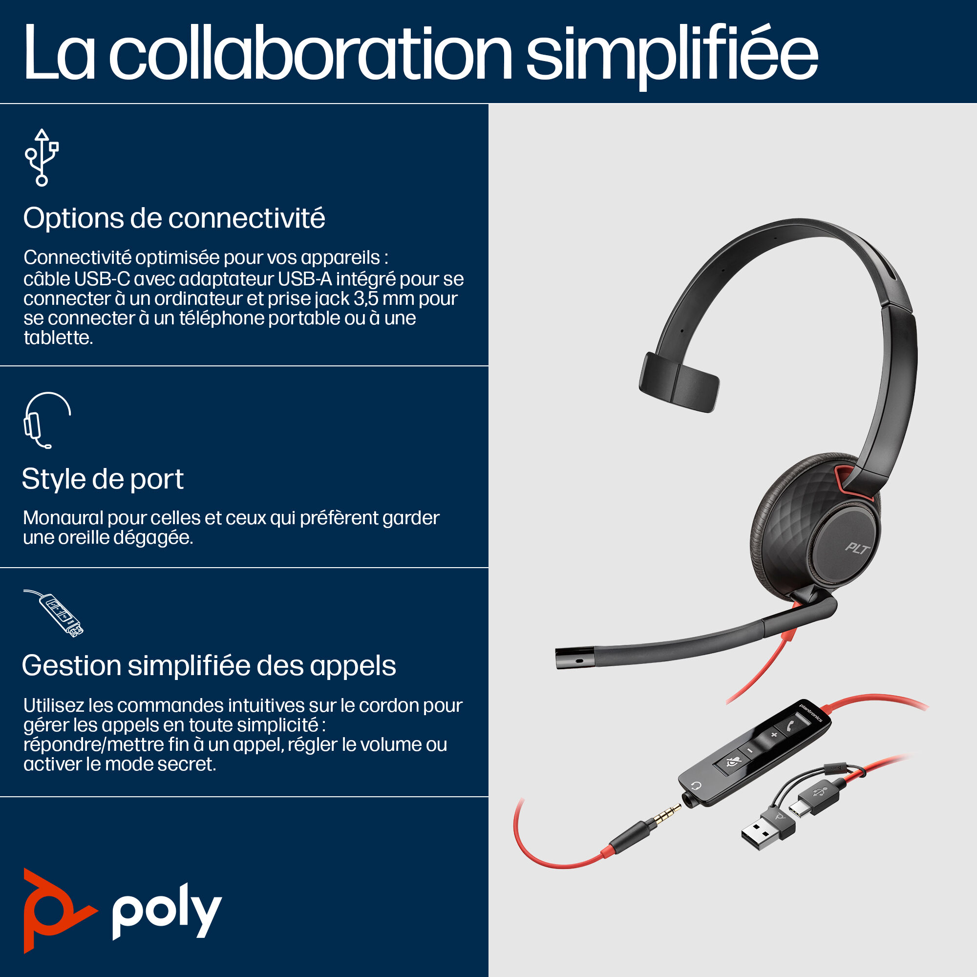 Micro-casque monaural USB-C Poly Blackwire 5210 + prise 3,5 mm + adaptateur USB-C/A (lot)
