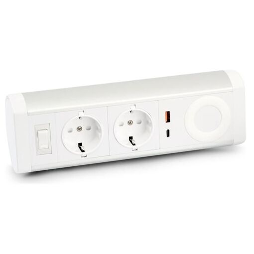 Escritorio Urban Factory POWEE - Tablero de distribución con carga inalámbrica USB-C, USB-A de 15W - 100-250V CA - 2200W - Entrada Tipo F/E - 2 conectores de salida - Cable de 1,35 m - Blanco