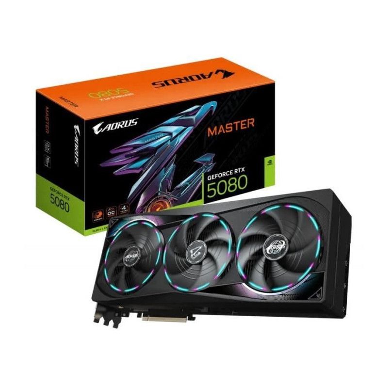 GIGABYTE AORUS GeForce RTX 5080 MASTER 16G Carte Graphique - 16GB GDDR7, 256 bits, PCI-E 5.0, 2805MHz Core Clock, 3 x DisplayPort, 1 x HDMI, GV-N5080AORUS M-16GD