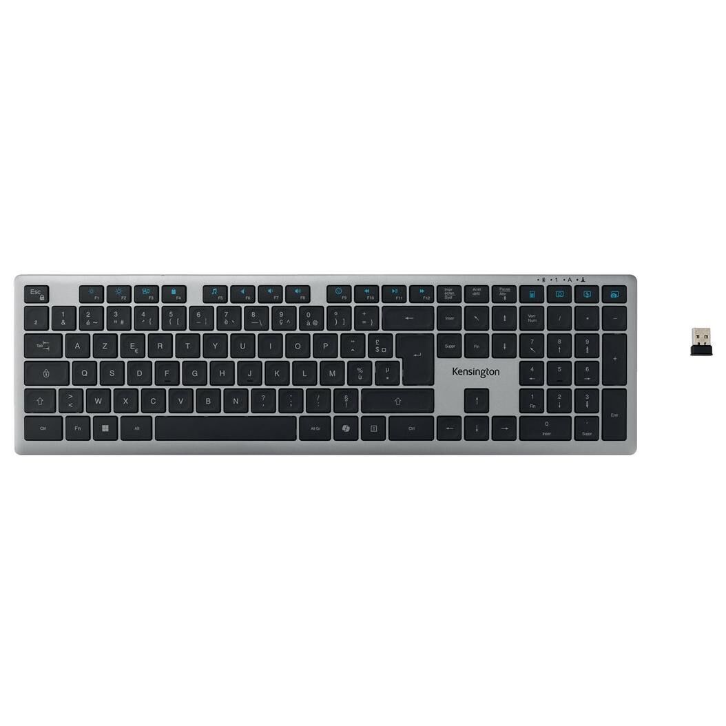 Kensington KB535 EQ - Clavier - multi-appareils, rechargeable - full size - sans fil - 2.4 GHz, Bluetooth, USB - AZERTY - Français - gris sidéral - Pour la vente au détail - carton FSC
