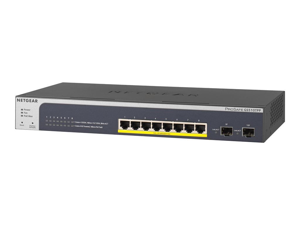 NETGEAR Smart GS510TPP - Commutateur - L3 Lite - intelligent - 8 x 10/100/1000 (PoE+) + 2 x SFP - de bureau, Montable sur rack - PoE+ (190 W)