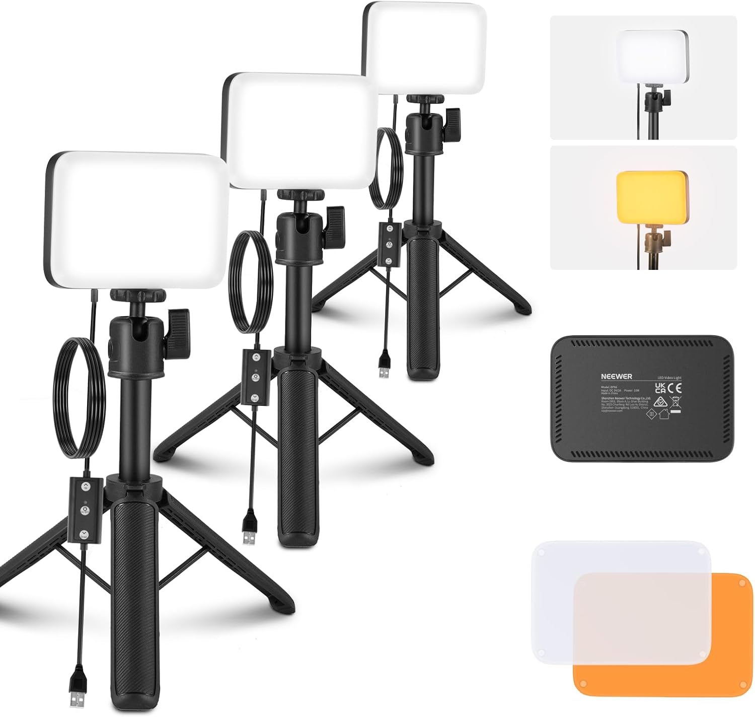 NEEWER BASICS Packs de 3 Panneaux LED pour éclairage de Bureau, Kit d'éclairage pour Vidéoconférence avec Trépieds et Filtre pour Webcam, Ordinateur, Zoom, Maquillage,Bicolore,Intensité Variable, BP66